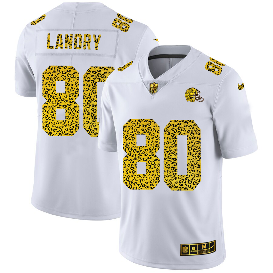 Cleveland Browns #80 Jarvis Landry Men Nike Flocked Leopard Print Vapor Limited NFL Jersey White